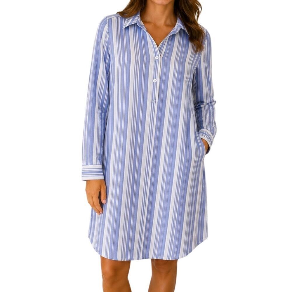 J. Jill Blue White Tunic Shirt Dress Long Sleeve Pockets Buttons Rayon Women's M